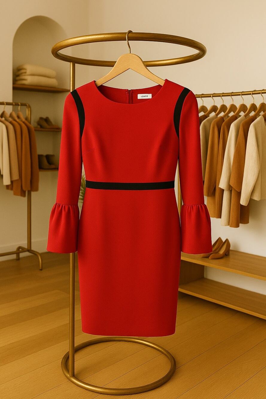 Calvin Klein Red Sheath Dress with Black Trim and Bell Sleeves-6